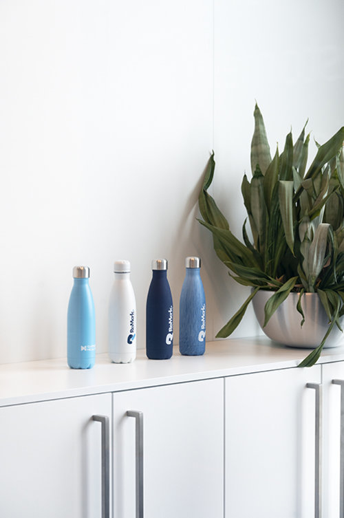 Blue water bottles.
