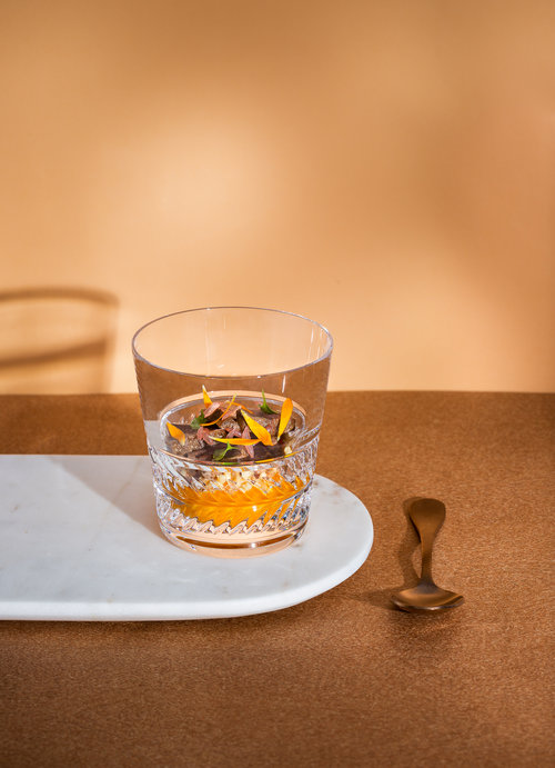 Picture of a recipe specially created by the Ritz chefs in a Saint-Louis crystal glass.