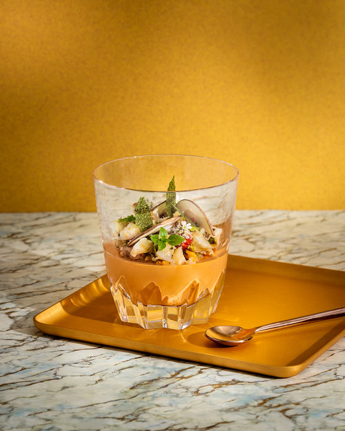 Picture of a recipe specially created by the Ritz chefs in a Saint-Louis crystal glass.