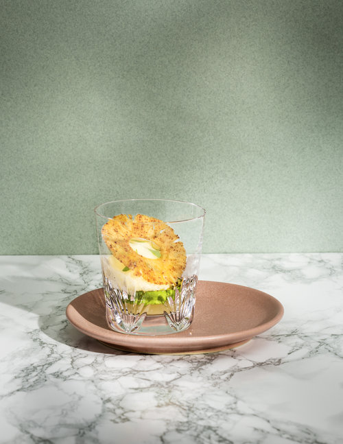 Picture of a recipe specially created by the Ritz chefs in a Saint-Louis crystal glass.