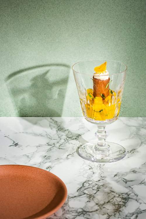 Picture of a recipe specially created by the Ritz chefs in a Saint-Louis crystal glass.